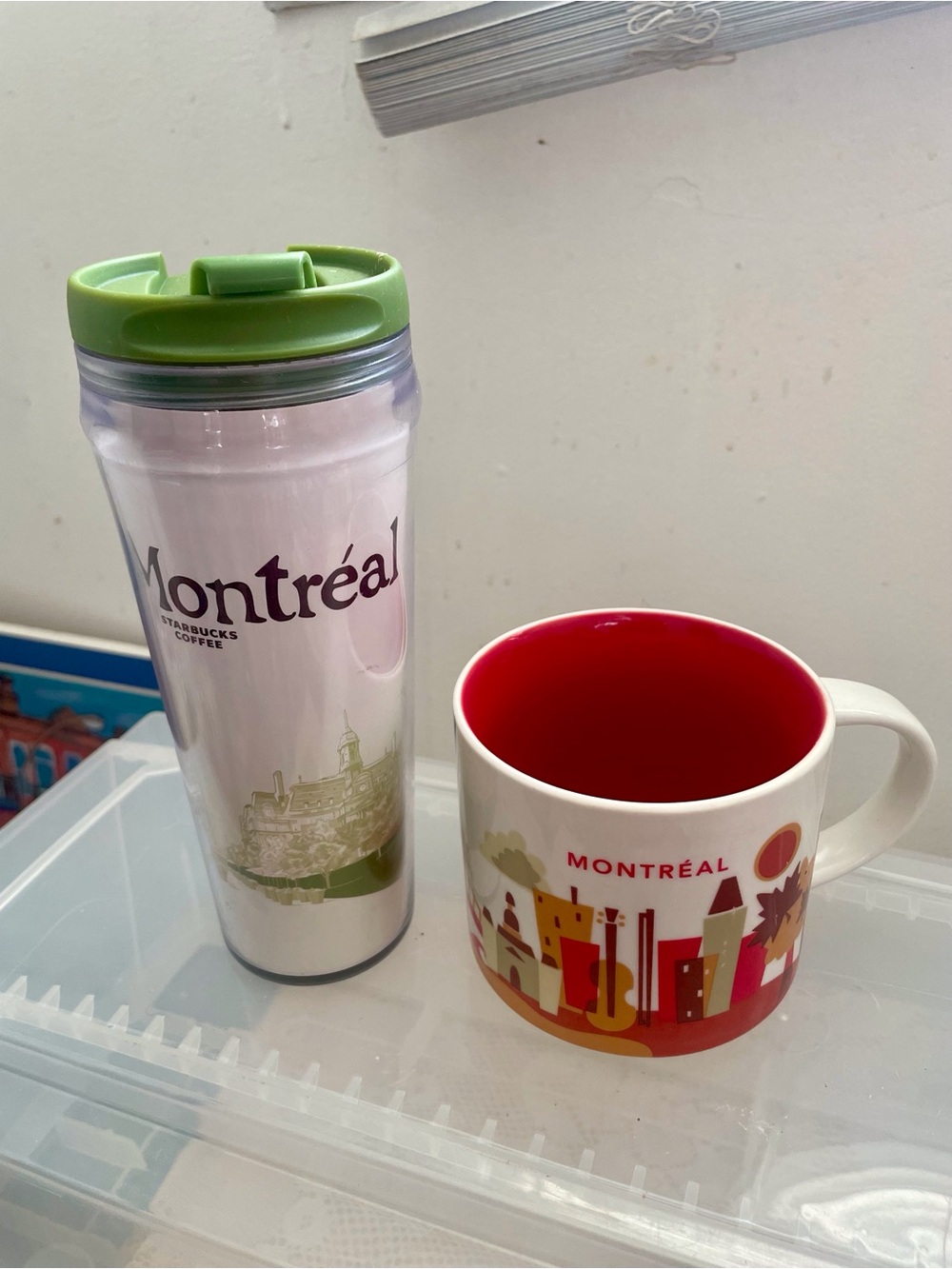 Starbucks Montreal Travel Tumbler Green Lid and You Are Here Mug Red Interior